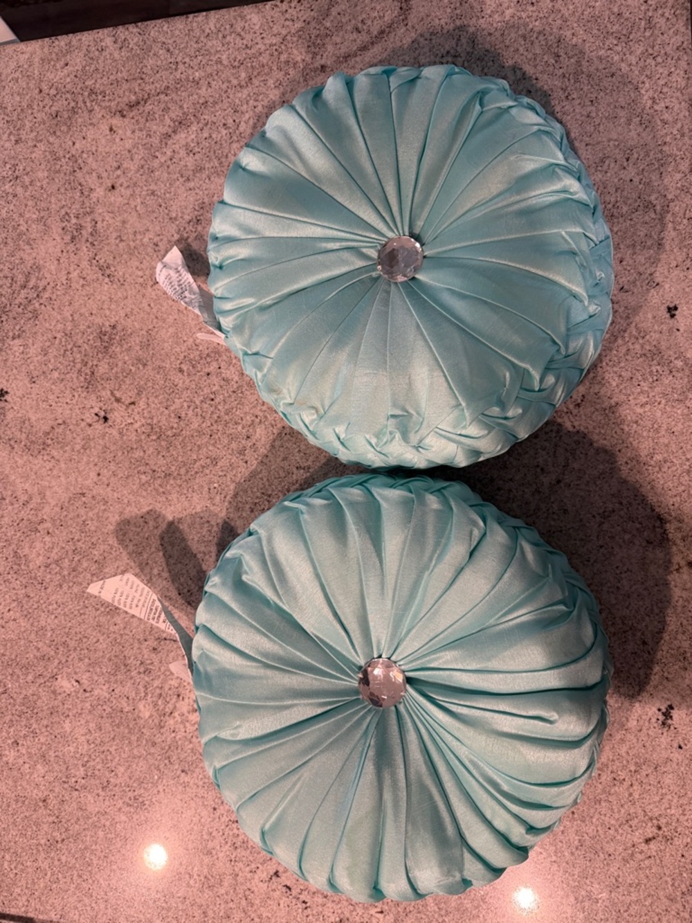 Round Aqua Pleated Accent Pillow with Center Jewel -